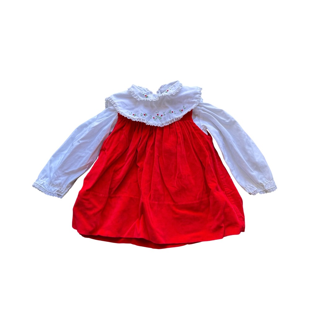 Petit Ami Red Velvet Jumper Dress White Embroidered Blouse Set Kids Vintage